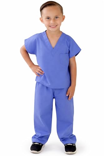 Natural Uniforms Kids Scrub Set - Soft Touch Unisex Costume Top & Pants (Ceil Blue, Size 7)