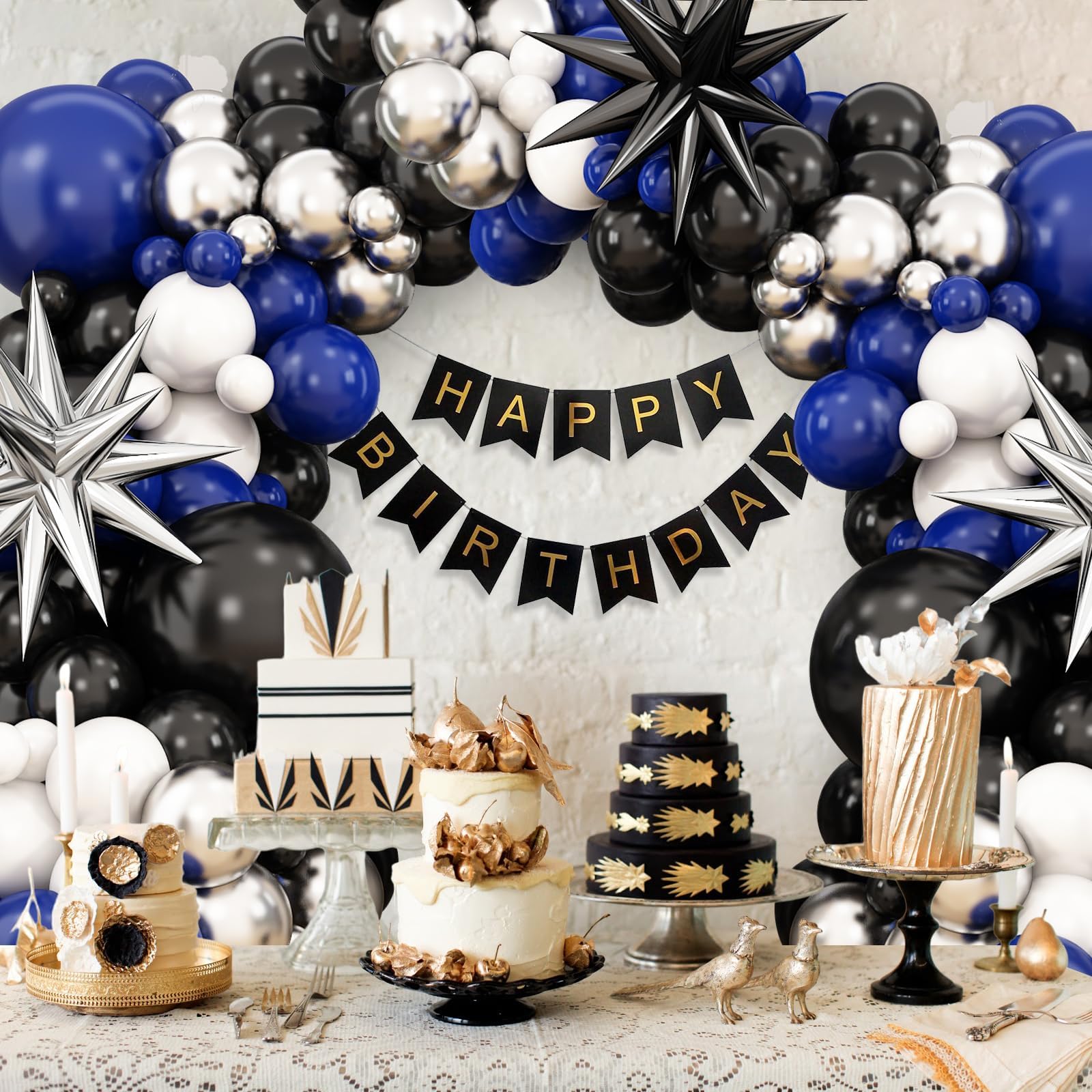 Navy Blue and Black Balloon Arch Kit with Star Foil Balloons for Party Decorations