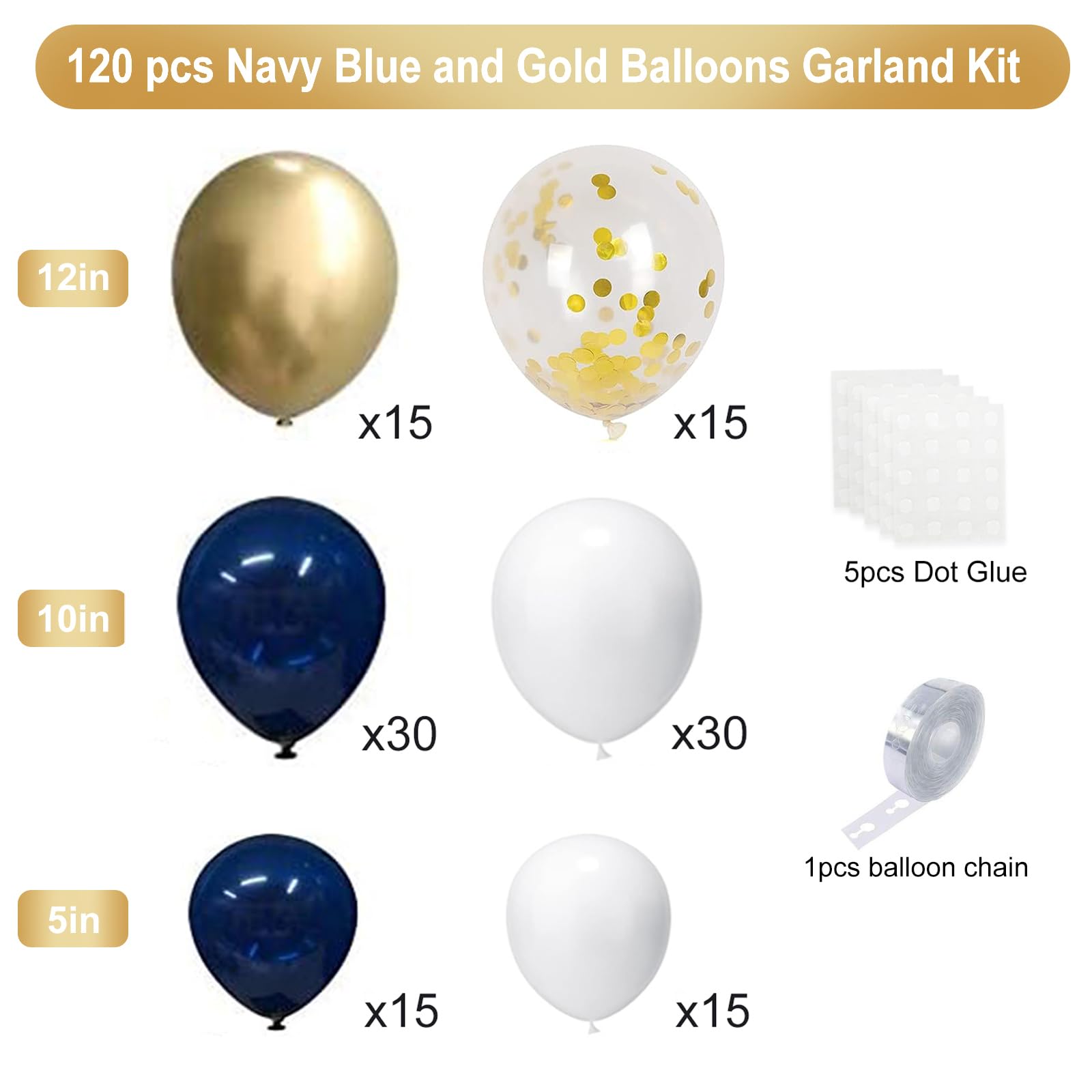 Navy Blue Gold Balloon Garland Kit – 120 pcs Navy and White Confetti Balloons for Graduation, Birthday, Baby Shower DIY Arch