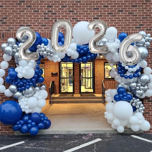 Navy Blue & Silver Graduation Balloon Arch Kit for Class of 2026 – 125-Piece Set with Foil Balloon & Banner