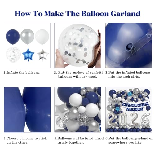 Navy Blue & Silver Graduation Balloon Arch Kit for Class of 2026 – 125-Piece Set with Foil Balloon & Banner