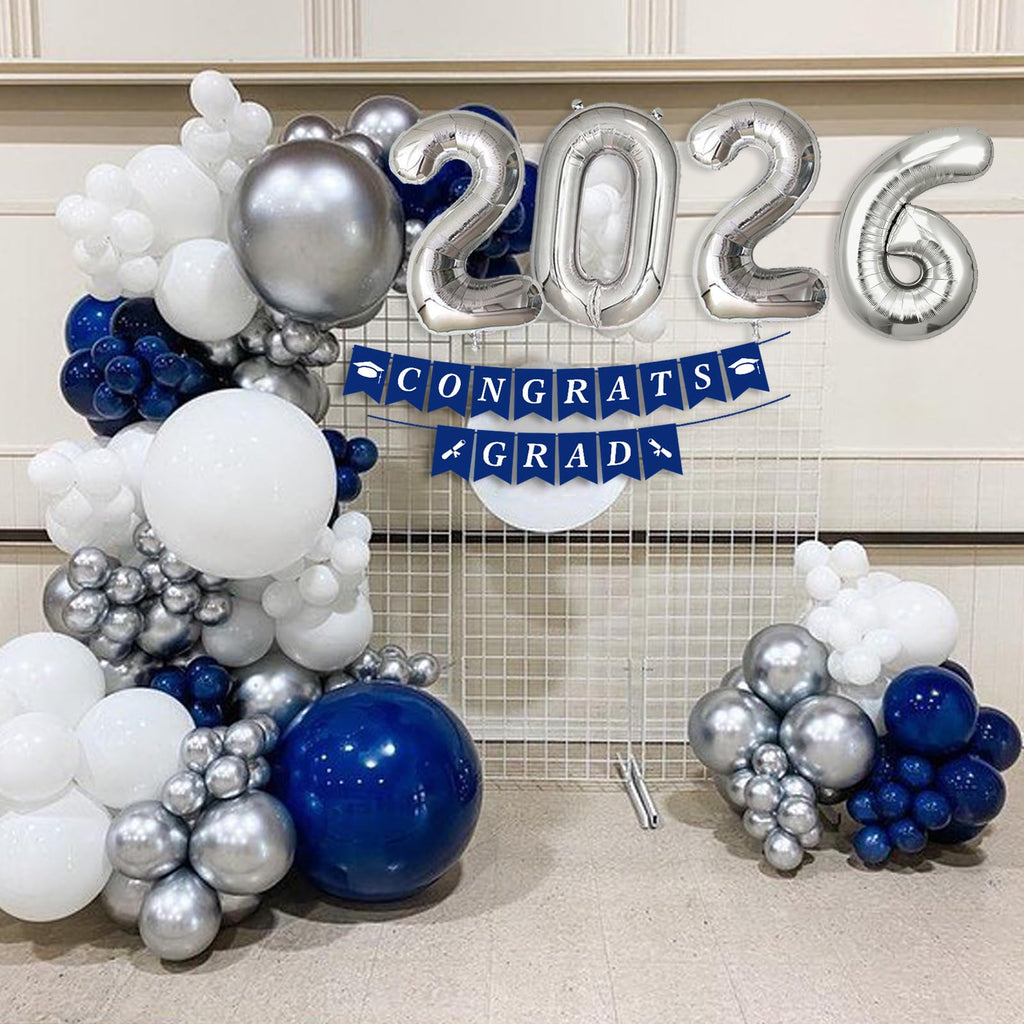 Navy Blue & Silver Graduation Balloon Arch Kit for Class of 2026 – 125-Piece Set with Foil Balloon & Banner