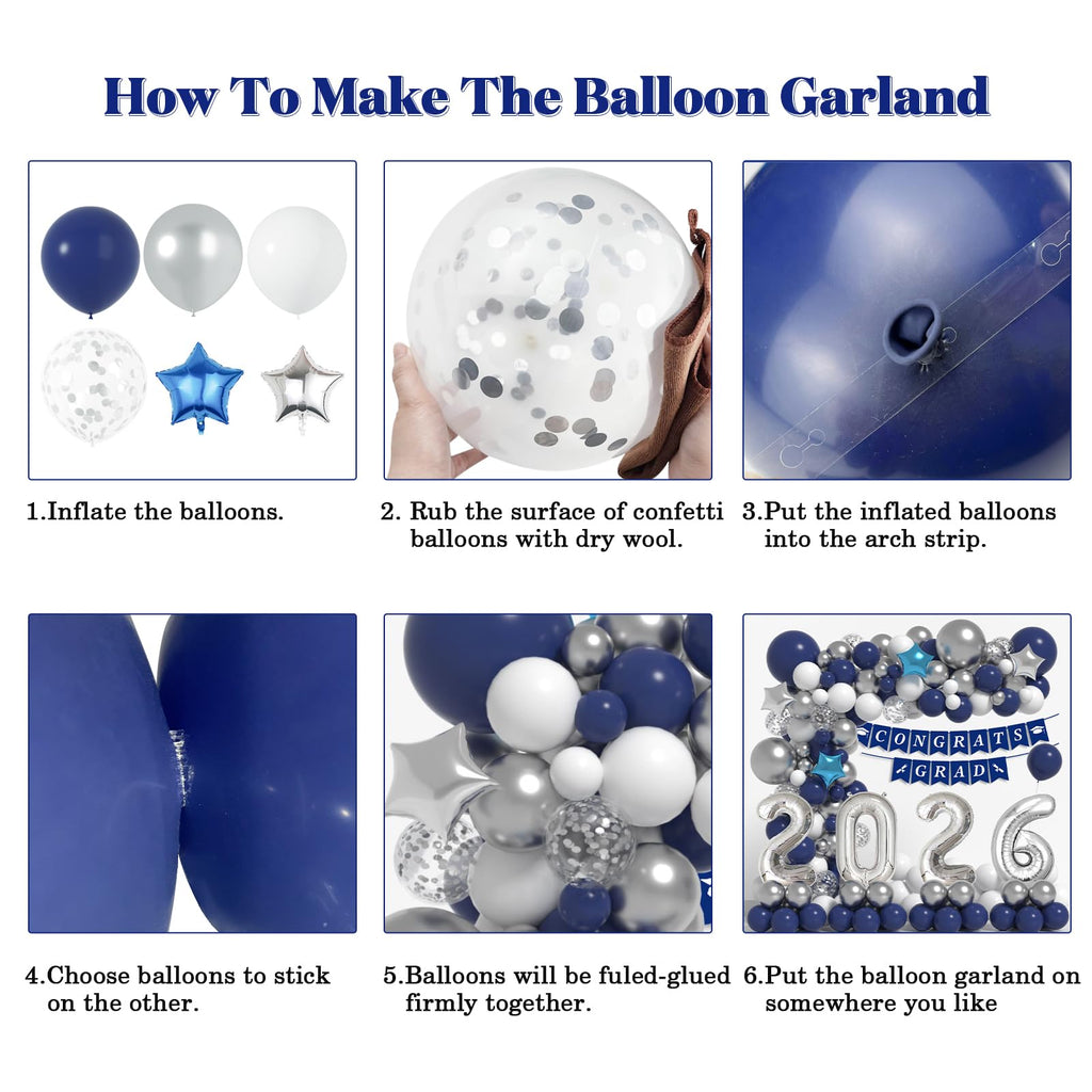Navy Blue & Silver Graduation Balloon Arch Kit for Class of 2026 – 125-Piece Set with Foil Balloon & Banner