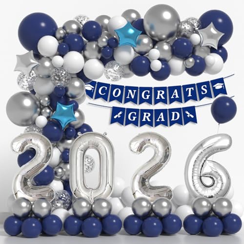 Navy Blue & Silver Graduation Balloon Arch Kit for Class of 2026 – 125-Piece Set with Foil Balloon & Banner