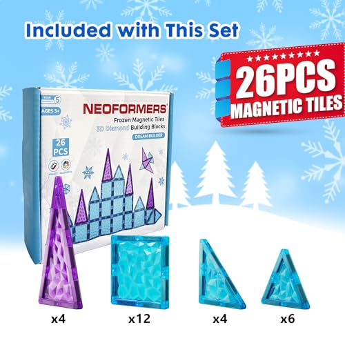 NEOFORMERS 26-Piece Magnetic Tiles Frozen Castle Set: 3D Diamond Building Blocks for Kids Ages 3-8, STEM Sensory Toy