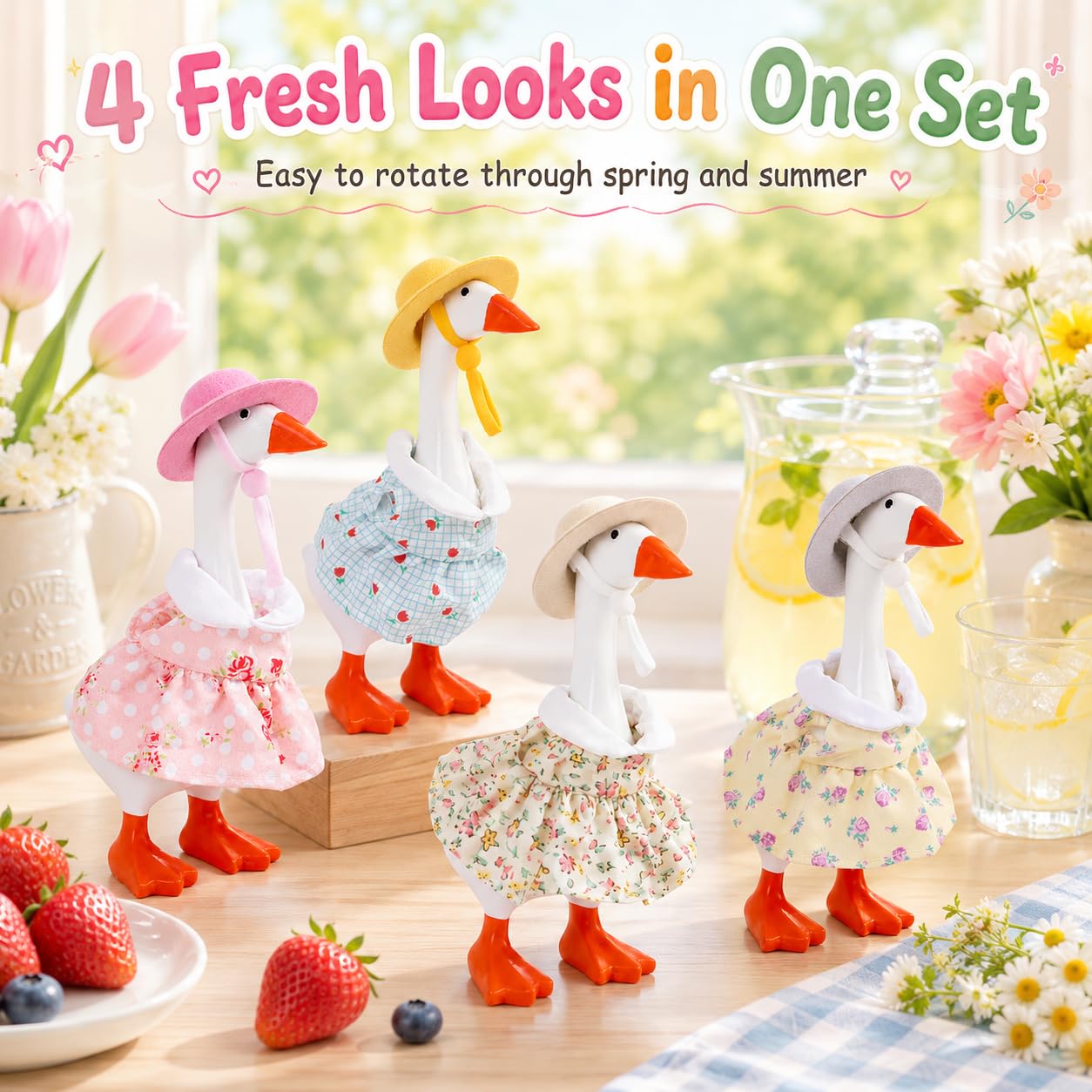 Neowedding 4-Pack Desk Goose Outfits, Floral Dresses & Hats for 7-Inch Magnetic Goose