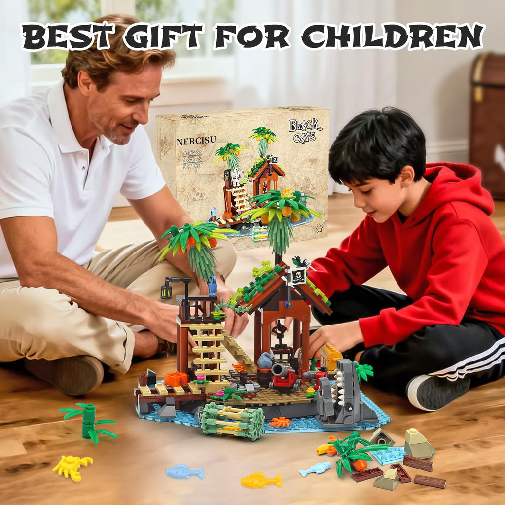 NERCISU Pirate Black Cays Building Toy Set – 484-Piece Pirate Adventure with Skeleton, Cannon, Shark & Treasure for Kids 8+