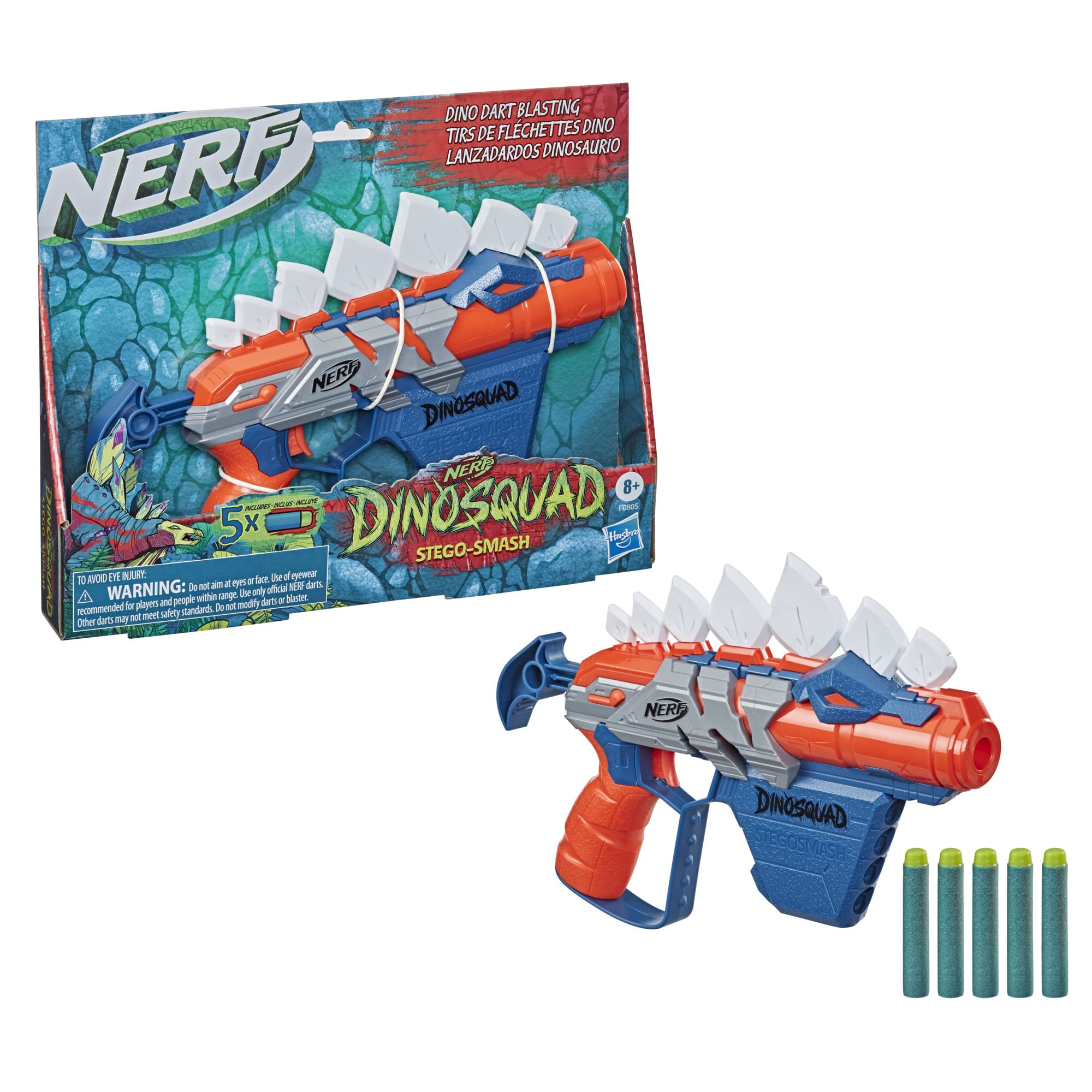 Nerf DinoSquad Stego-Smash Dart Blaster – 5 Darts, Onboard Storage, Pull-Back Priming, Ages 8+