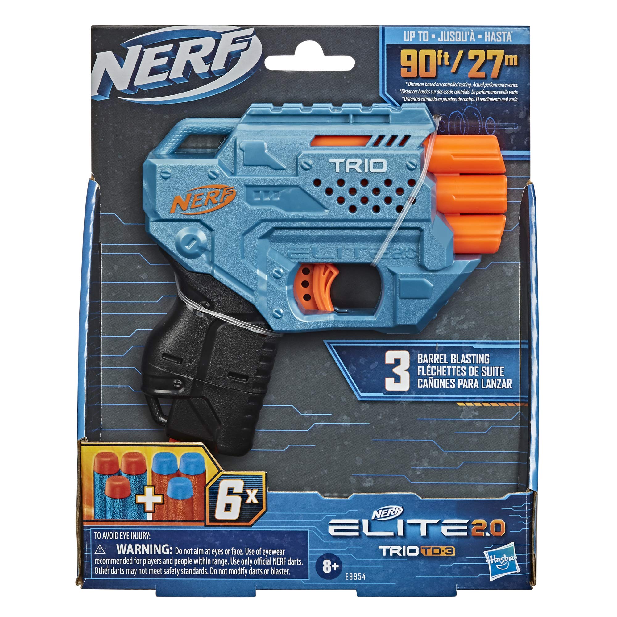 Nerf Elite 2.0 Trio SD-3 Blaster – 3-Barrel Blasting, Tactical Rail, 6 Official Darts