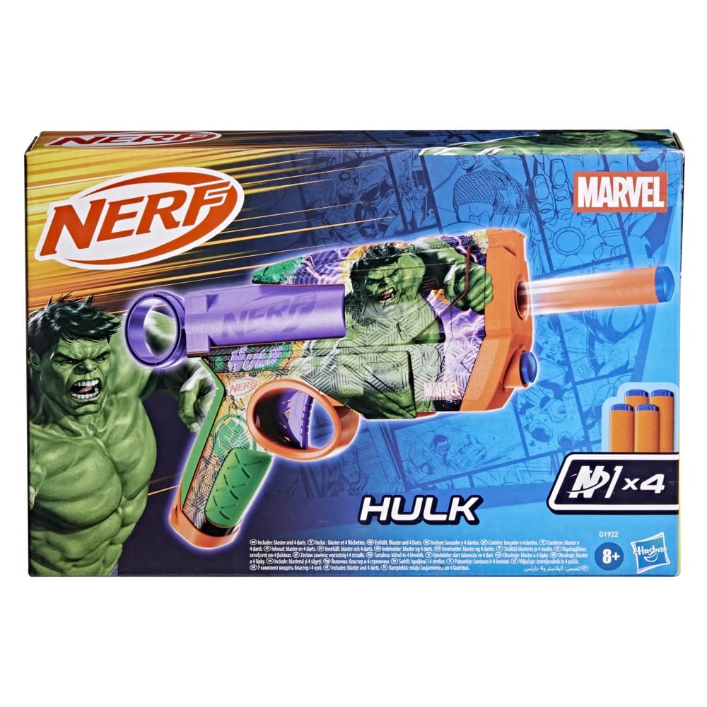 Nerf Marvel Hulk Dart Blaster – Hulk-Themed Foam Blaster with 4 Nerf N1 Darts, 2-Dart Capacity, Ages 8+