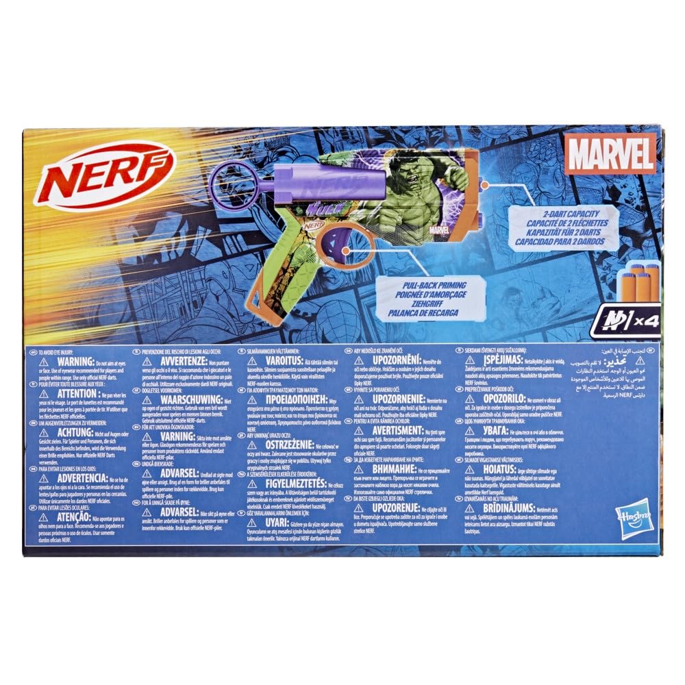 Nerf Marvel Hulk Dart Blaster – Hulk-Themed Foam Blaster with 4 Nerf N1 Darts, 2-Dart Capacity, Ages 8+