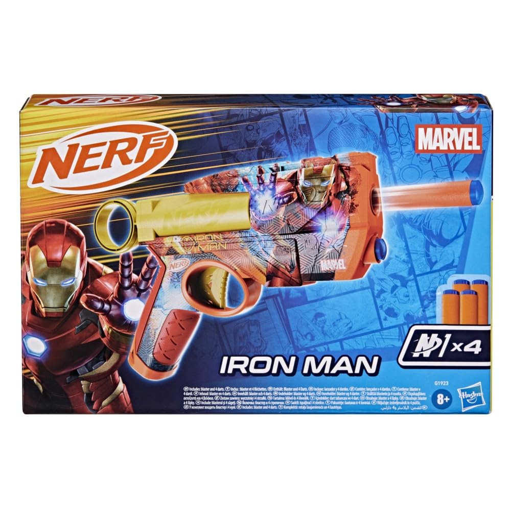 Nerf Marvel Iron Man Dart Blaster – 4 N1 Foam Darts, 2-Dart Capacity, Pull-Back Priming, Ages 8+