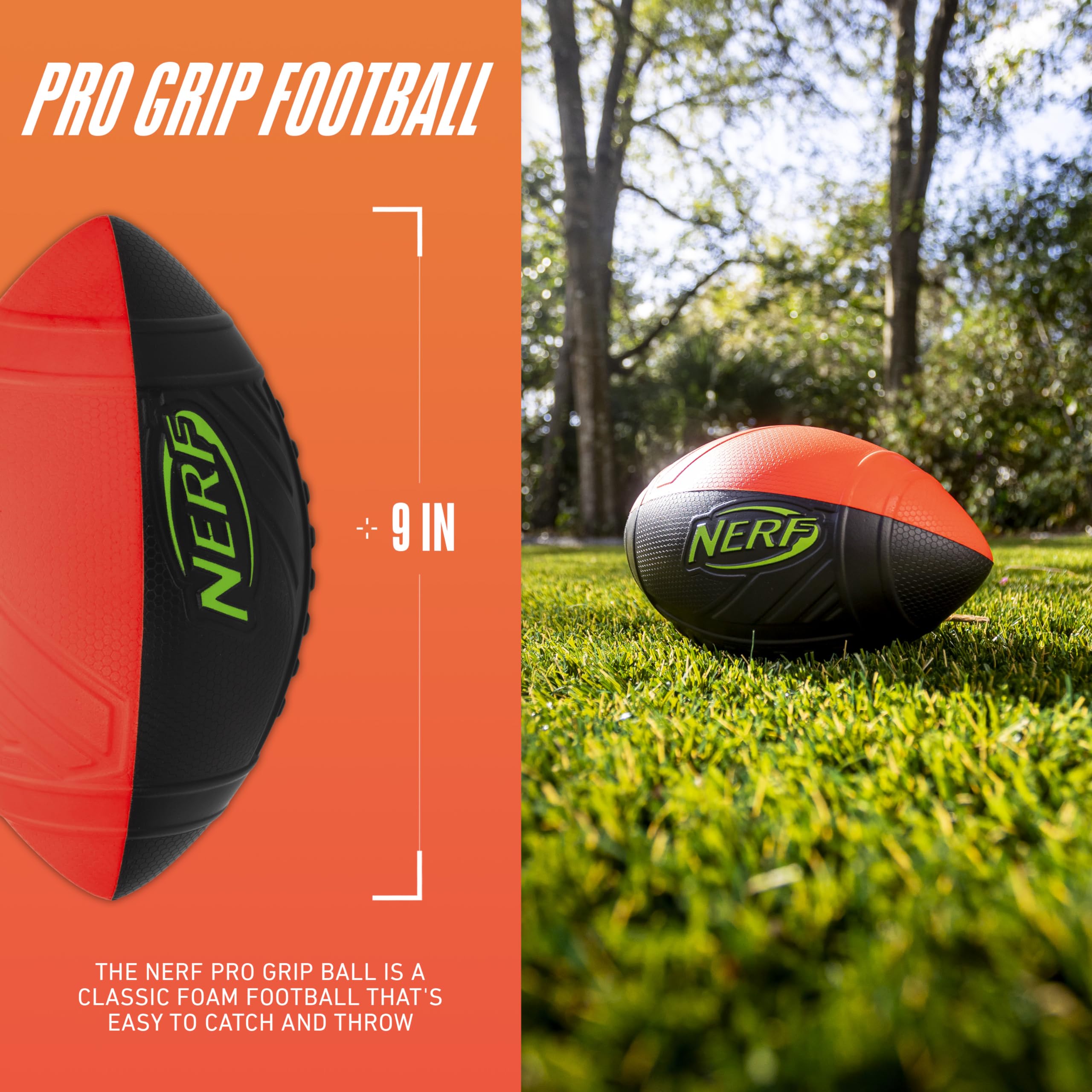 NERF Pro Grip Kids Foam Football – 9-Inch Soft Foam Ball for Indoor & Outdoor Play, Red/Black