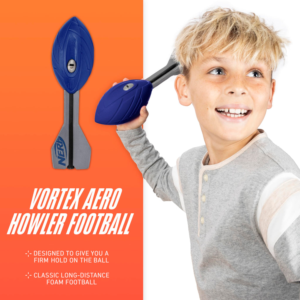 Nerf Vortex Aero Howler Foam Football – Blue Soft Foam Ball with Whistling Sound for Long-Distance Passes