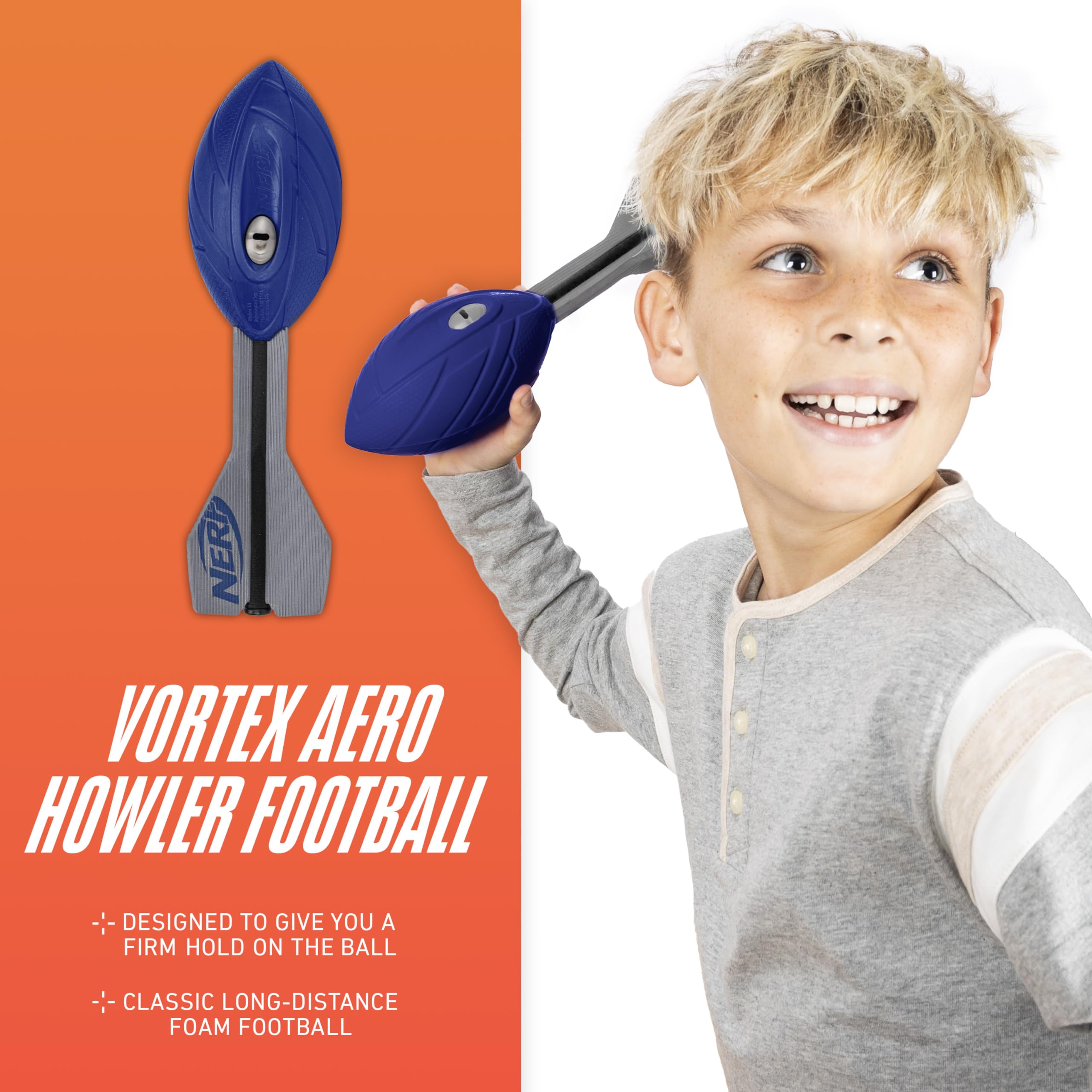 Nerf Vortex Aero Howler Foam Football – Blue Soft Foam Ball with Whistling Sound for Long-Distance Passes