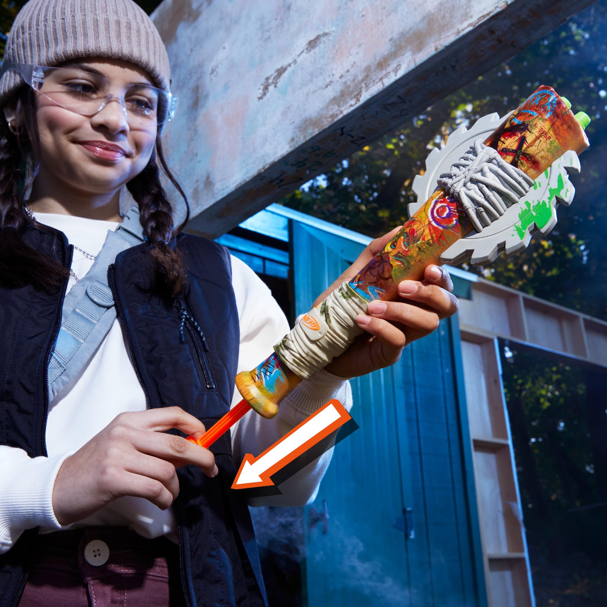 Nerf Zombie Strikeout Dart Blaster – 2-Dart Bat with 8 Elite Darts, Pull Back Priming, Ages 8+ (Amazon Exclusive)