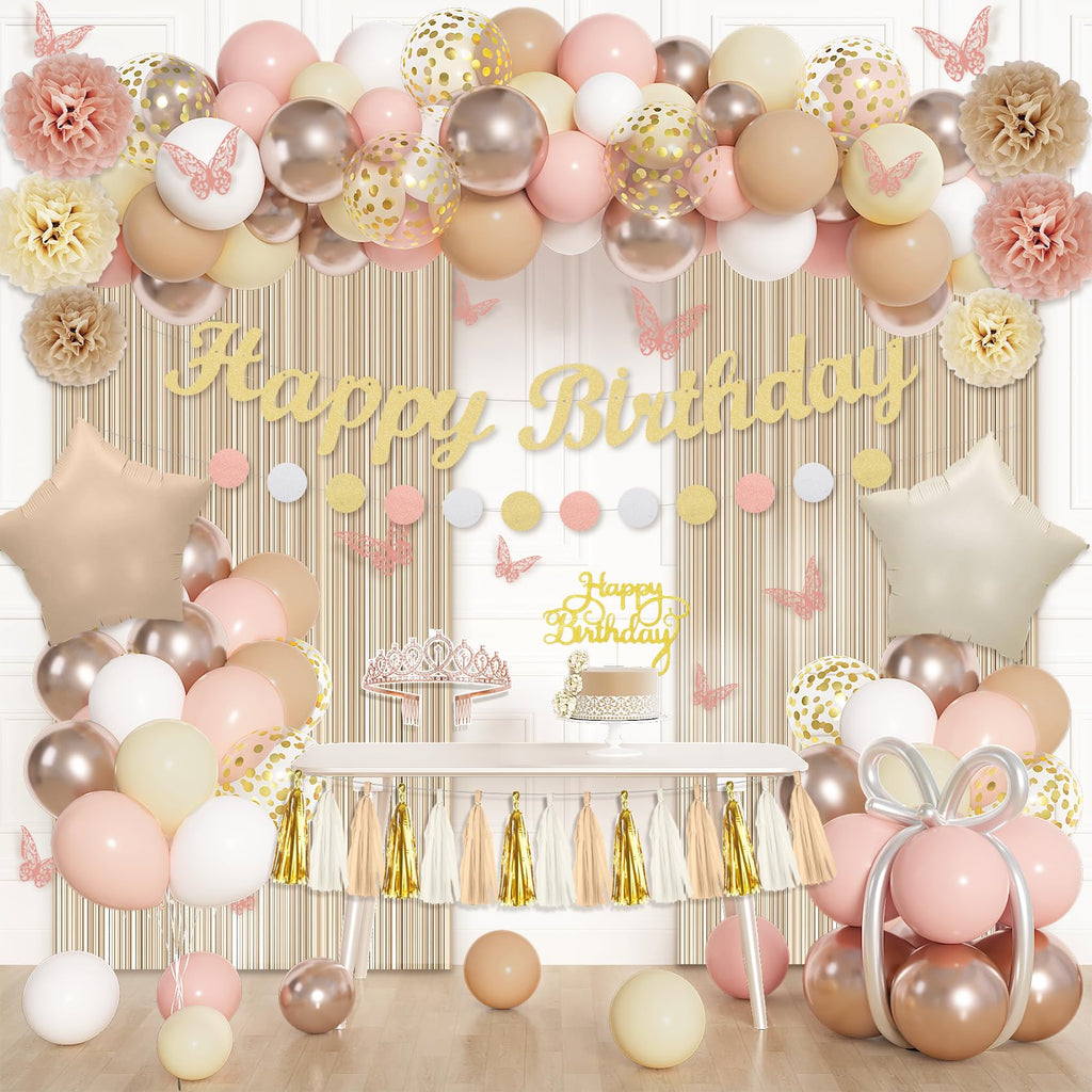 Neutral Boho Birthday Decorations Set for Women – 100 Piece Party Supplies with Balloons, Fringe Curtains & More