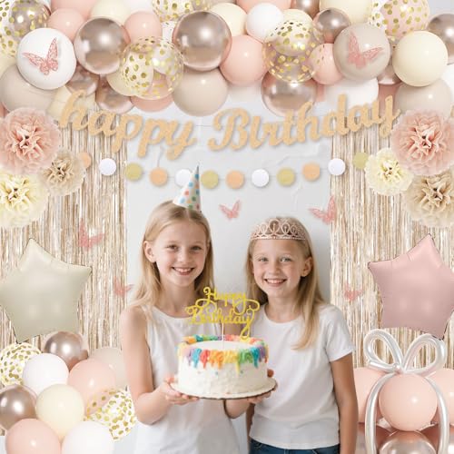 Neutral Boho Birthday Decorations Set for Women – 100 Piece Party Supplies with Balloons, Fringe Curtains & More