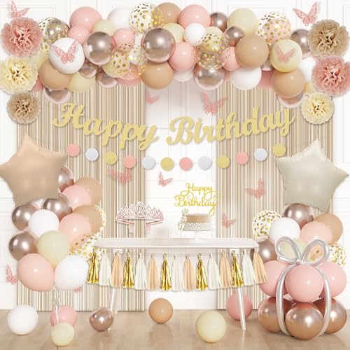Neutral Boho Birthday Decorations Set for Women – 100 Piece Party Supplies with Balloons, Fringe Curtains & More