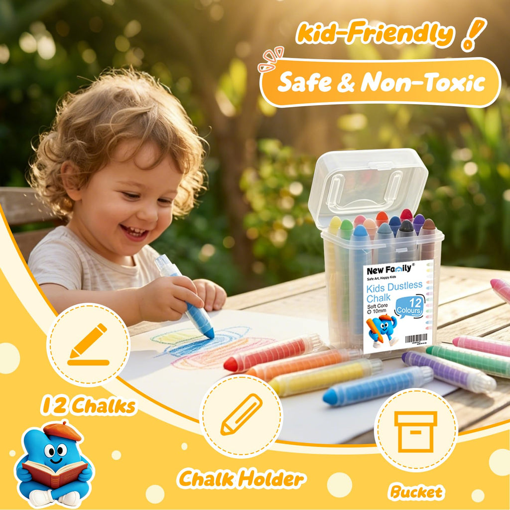 NewFamily Dustless Sidewalk Chalk Bucket – 12 Washable Non-Toxic Chalks with Grip Holders & Portable Storage Pail for Kids Outdoor Drawing and Art