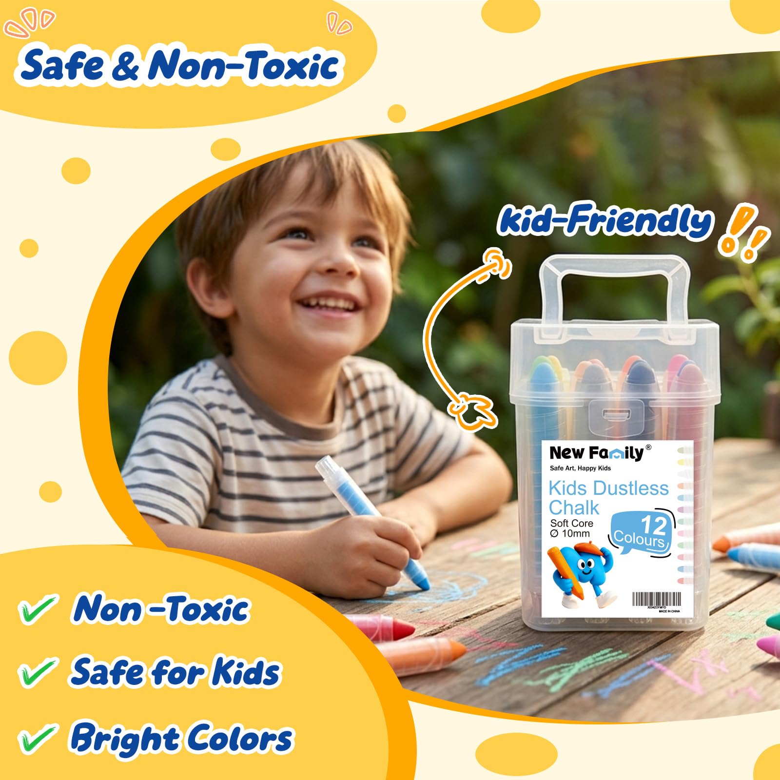NewFamily Dustless Sidewalk Chalk Bucket – 12 Washable Non-Toxic Chalks with Grip Holders & Portable Storage Pail for Kids Outdoor Drawing and Art