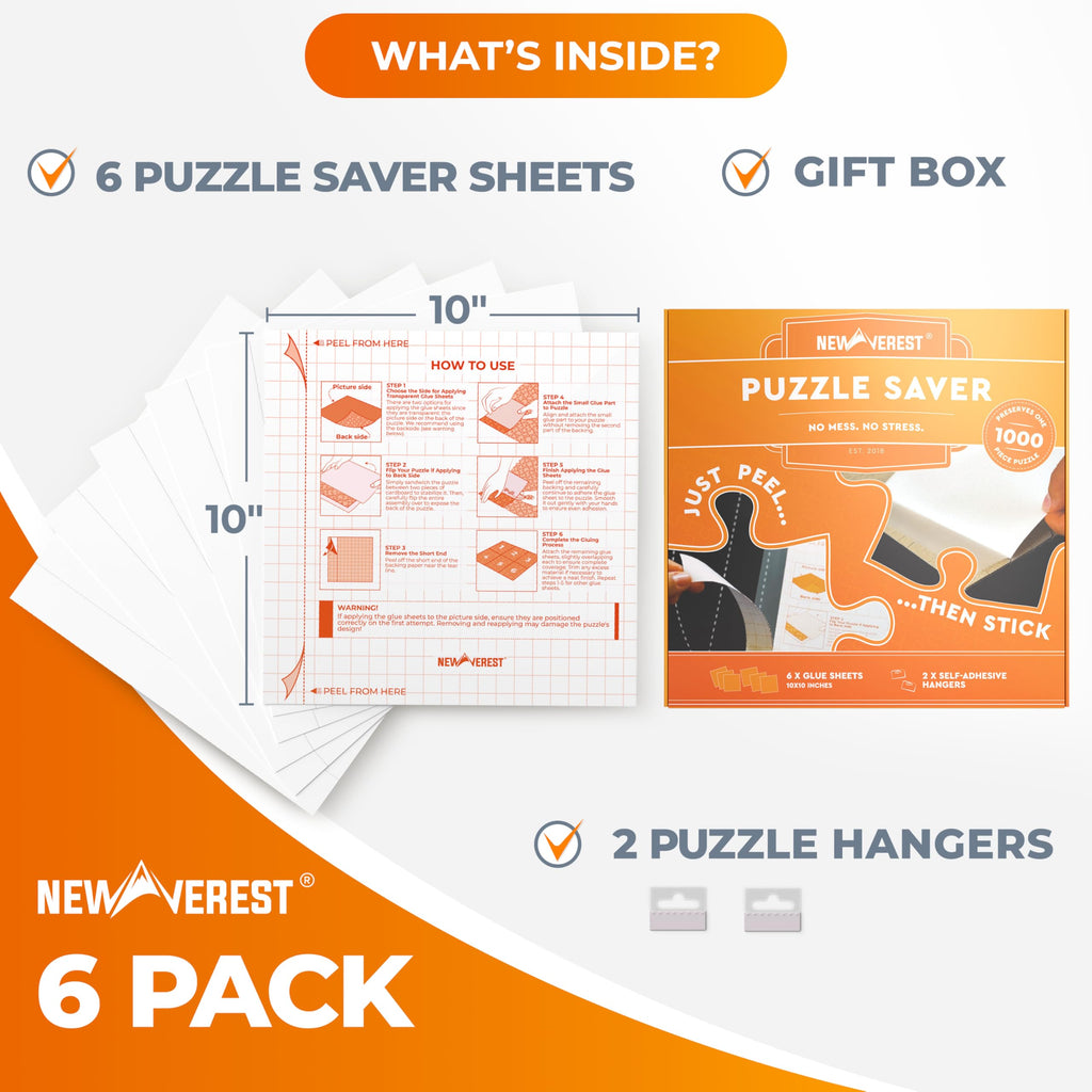 Newverest 6-Pack Puzzle Glue Sheets 10x10″ – Peel & Stick Puzzle Saver with Hangers, No Mess