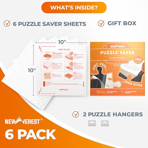 Newverest 6-Pack Puzzle Glue Sheets 10x10″ – Peel & Stick Puzzle Saver with Hangers, No Mess