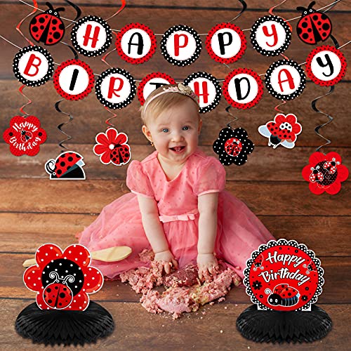 Nezyo 28-Piece Ladybug Birthday Party Decoration Kit – Includes Banner, Honeycomb Centerpieces, Swirls, and Hanging Cards