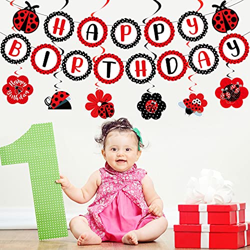 Nezyo 28-Piece Ladybug Birthday Party Decoration Kit – Includes Banner, Honeycomb Centerpieces, Swirls, and Hanging Cards