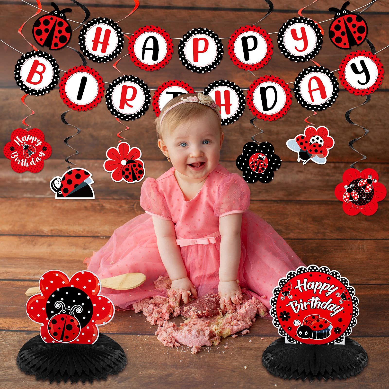 Nezyo 28-Piece Ladybug Birthday Party Decoration Kit – Includes Banner, Honeycomb Centerpieces, Swirls, and Hanging Cards