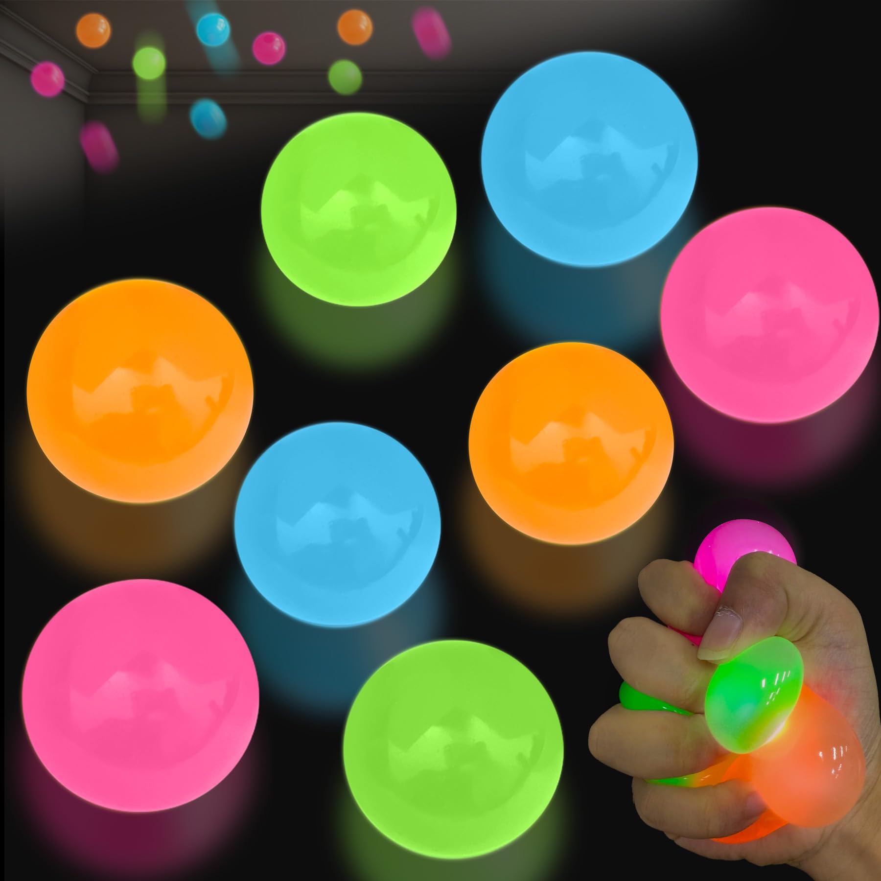 Niaosiben Glowing Sticky Balls - 4 Pack Glow in the Dark Stress Relief Toys for Ceiling and Wall
