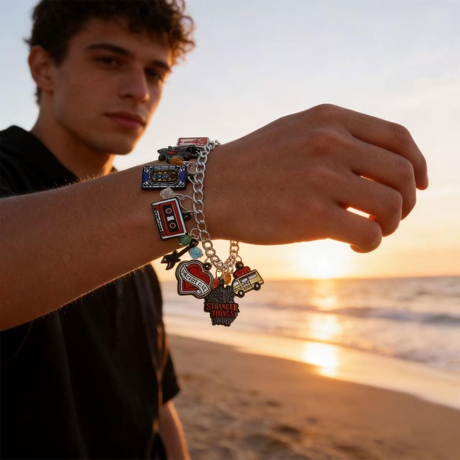 Niarezom Movie Themed Bracelet for Teens & Adults – Stranger TV Design with Staggered Pendants, Zinc Alloy, Lobster Claw Clasp