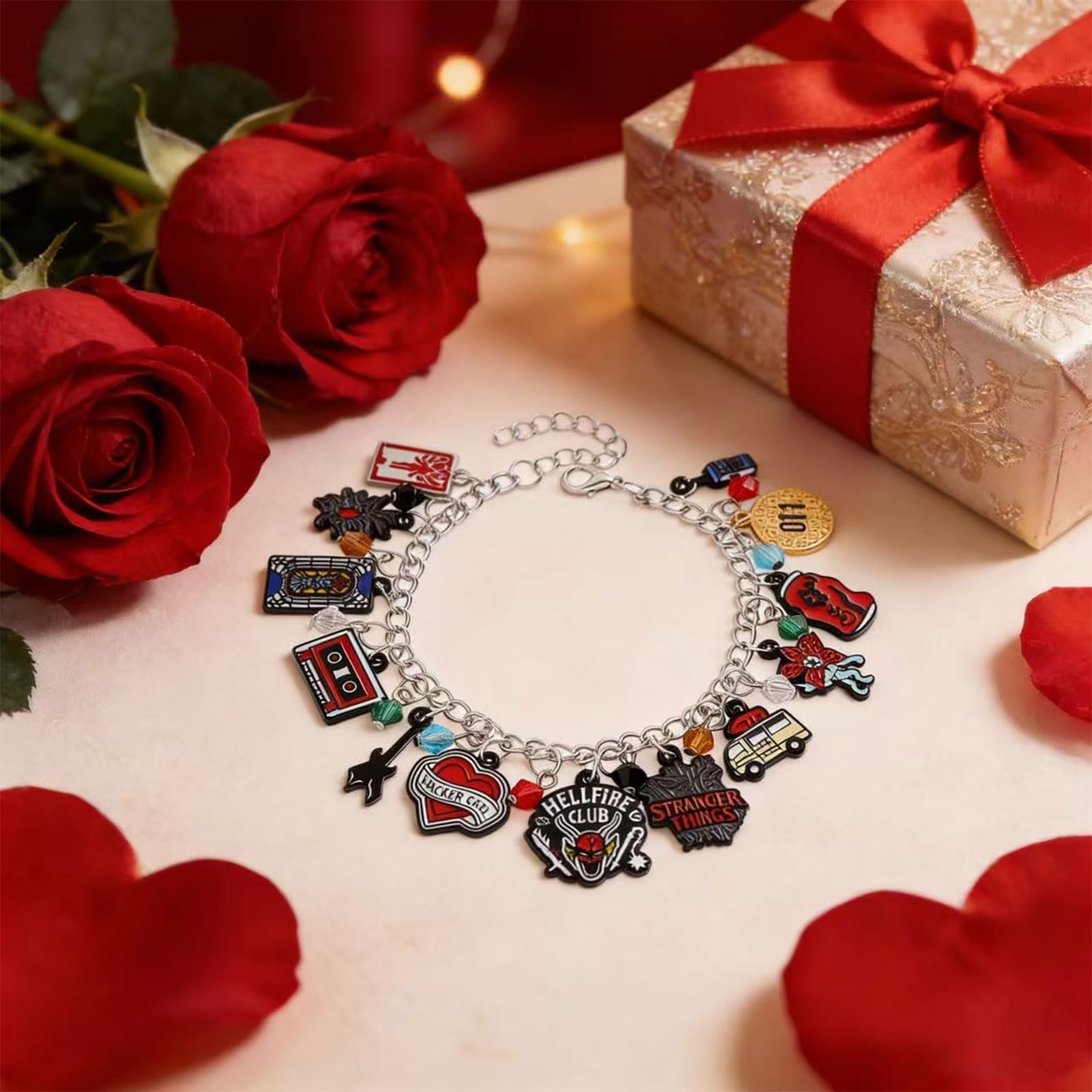 Niarezom Movie Themed Bracelet for Teens & Adults – Stranger TV Design with Staggered Pendants, Zinc Alloy, Lobster Claw Clasp