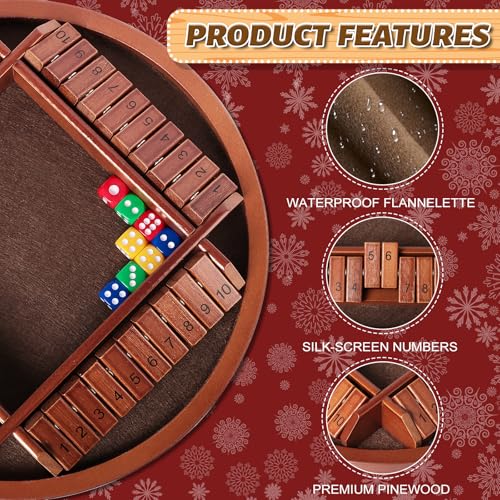 Nicecho Shut the Box Dice Game - 2-4 Player Family Wooden Board Game with 8 Dice, Brown