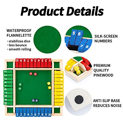 Nicecho Shut the Box Dice Game – Solid Pinewood Board with Felt Surface, 8 Dice, 2-4 Players, Math Learning Game for Family and Classroom