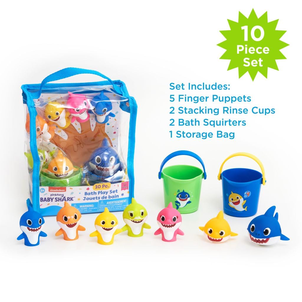 Nickelodeon Pink Fong Baby Shark Bath Toys Set - 10 Pieces with Finger Puppets, Cups & Squirters