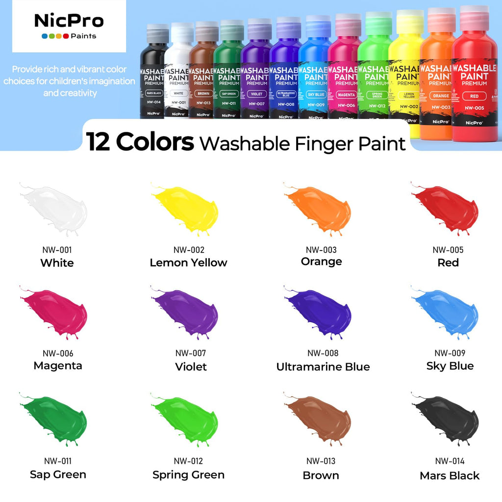 Nicpro 12-Color Washable Finger Paint for Toddlers – Non-Toxic, Easy Clean, 2 oz Bottles