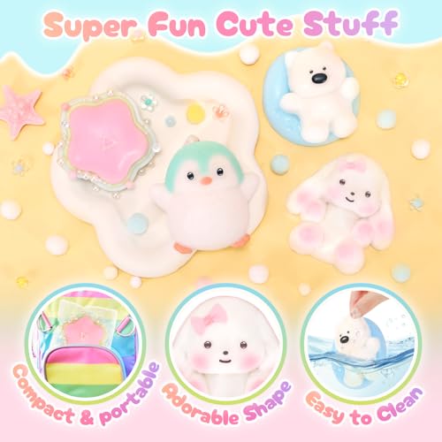 NINAOR Squishy Fidget Toys 4-Pack: Cute Penguin, Rabbit, Pool Dog & Dessert Sensory Toys for Stress Relief, Classroom Prizes, Easter Basket Stuffers, and Birthday Party Favors