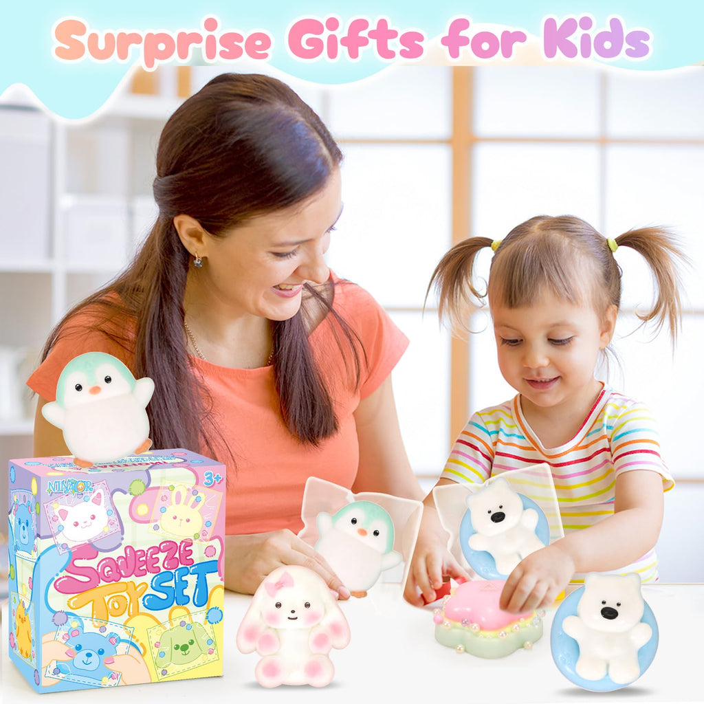 NINAOR Squishy Fidget Toys 4-Pack: Cute Penguin, Rabbit, Pool Dog & Dessert Sensory Toys for Stress Relief, Classroom Prizes, Easter Basket Stuffers, and Birthday Party Favors