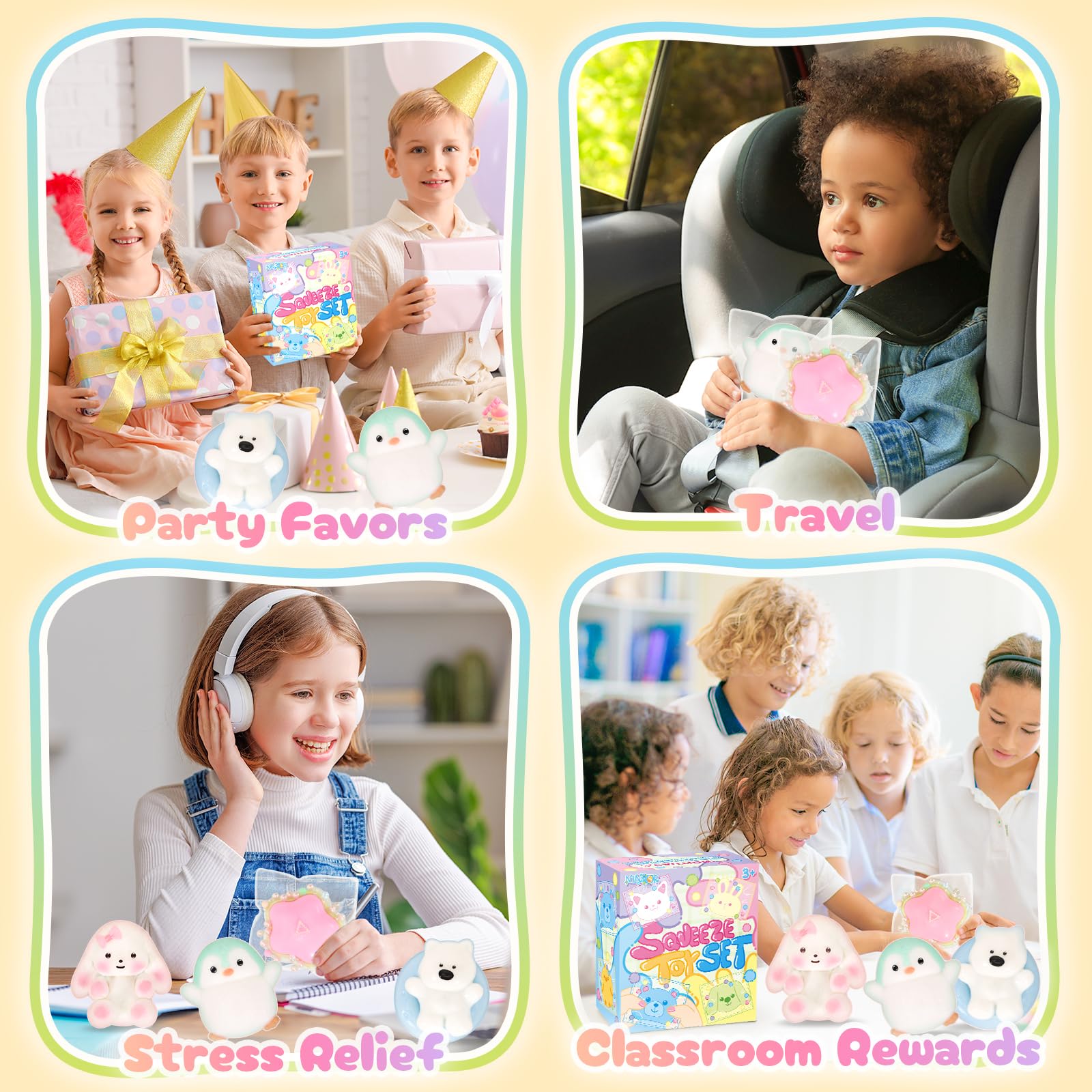 NINAOR Squishy Fidget Toys 4-Pack: Cute Penguin, Rabbit, Pool Dog & Dessert Sensory Toys for Stress Relief, Classroom Prizes, Easter Basket Stuffers, and Birthday Party Favors
