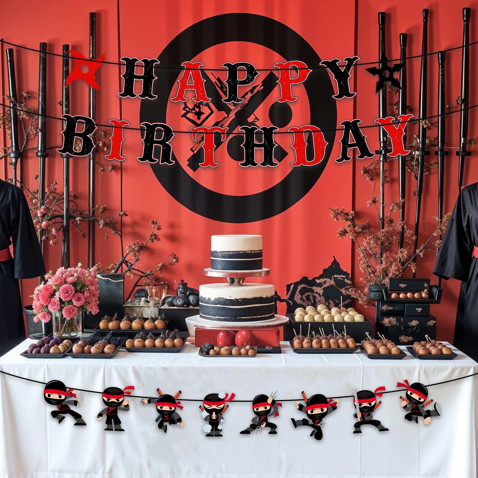 Ninja Birthday Party Banners – Red & Black Karate Warrior Decor Set of 3 by TagreSpike