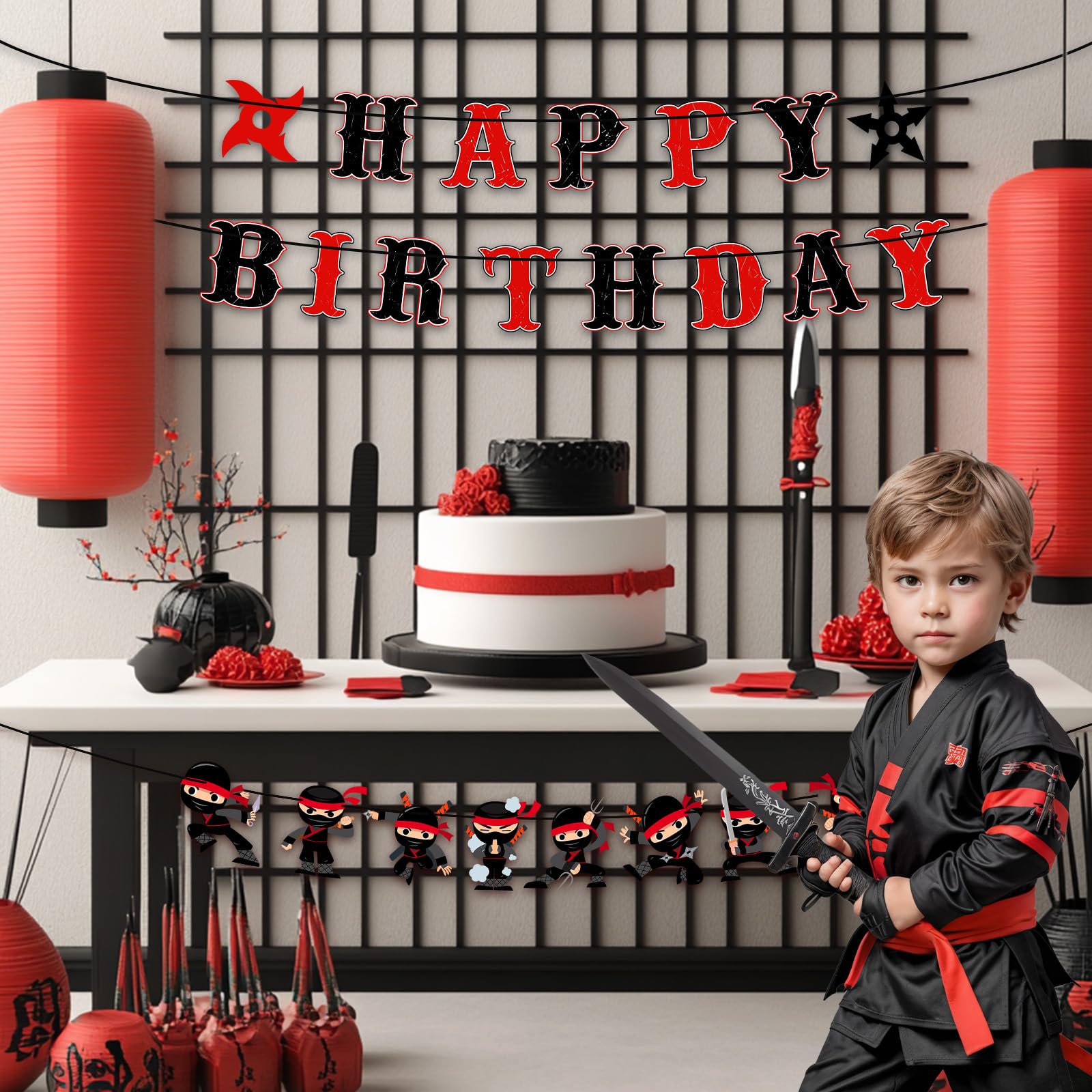 Ninja Birthday Party Banners – Red & Black Karate Warrior Decor Set of 3 by TagreSpike