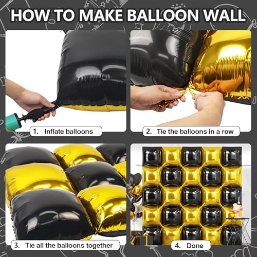 NISOCY 25 Black Gold Square Foil Balloons - Double Sided Metallic Arch Kit for New Year Graduation Anniversary Birthday Party Decor