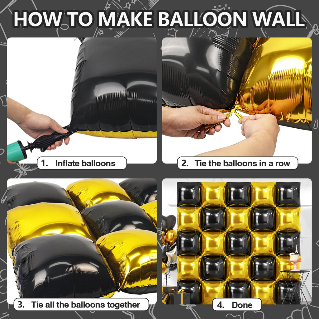 NISOCY 25 Black Gold Square Foil Balloons - Double Sided Metallic Arch Kit for New Year Graduation Anniversary Birthday Party Decor