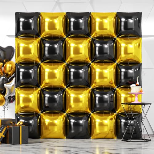 NISOCY 25 Black Gold Square Foil Balloons - Double Sided Metallic Arch Kit for New Year Graduation Anniversary Birthday Party Decor