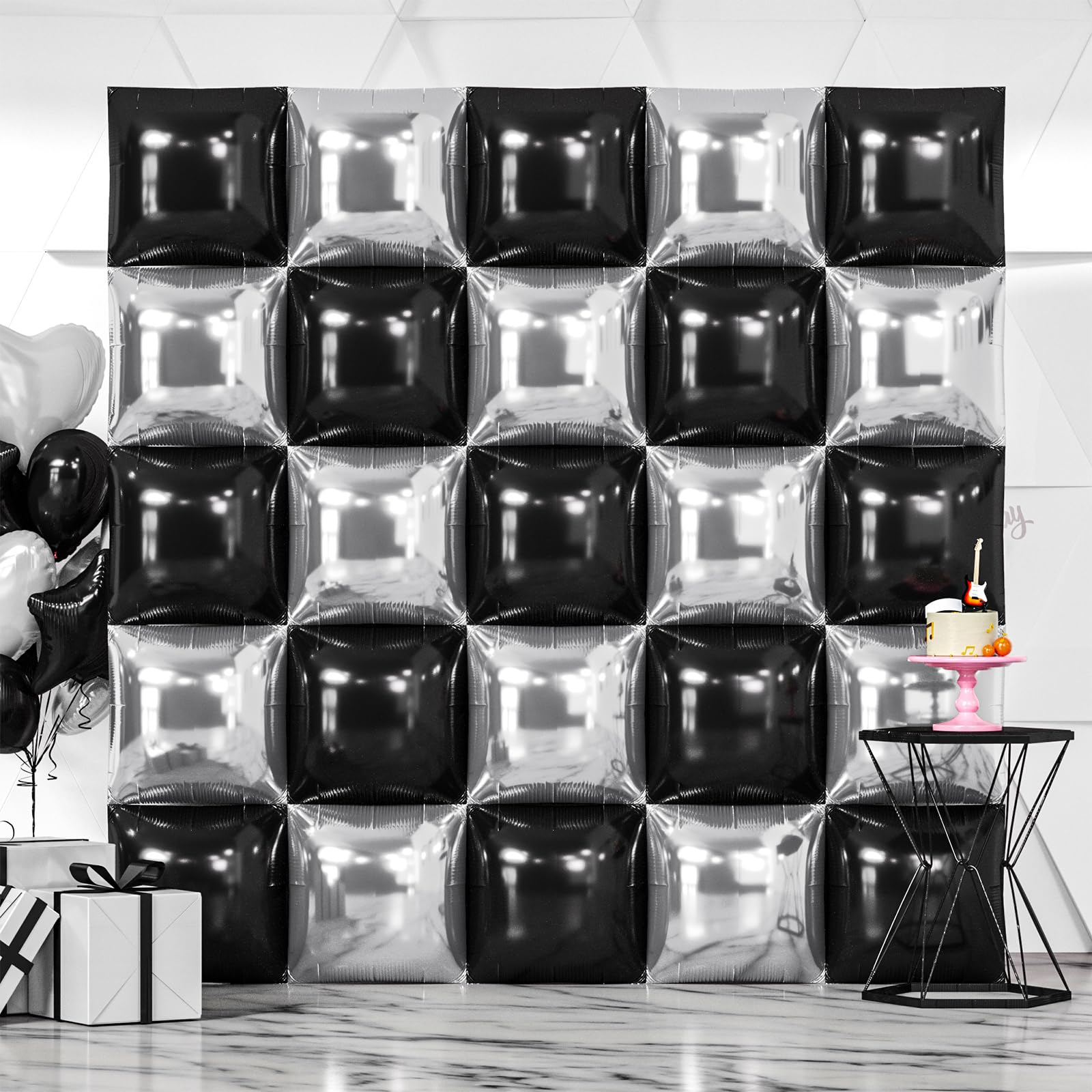 NISOCY 25 Pack Double Sided Black Silver Square Foil Balloons - Balloon Arch Kit for New Year, Birthday, Wedding, Graduation, Anniversary Party Decorations