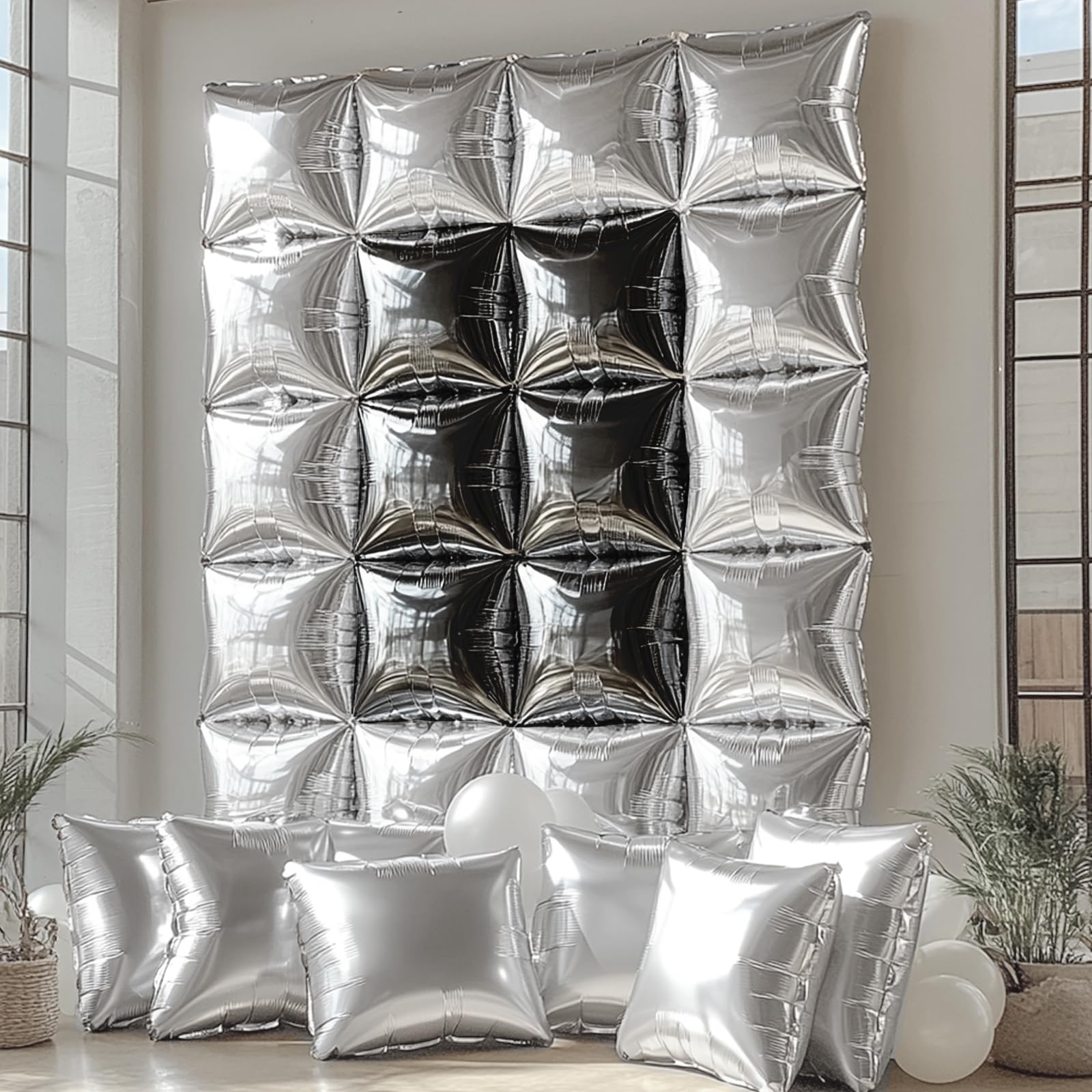 NISOCY 25 Pack Double Sided Black Silver Square Foil Balloons - Balloon Arch Kit for New Year, Birthday, Wedding, Graduation, Anniversary Party Decorations