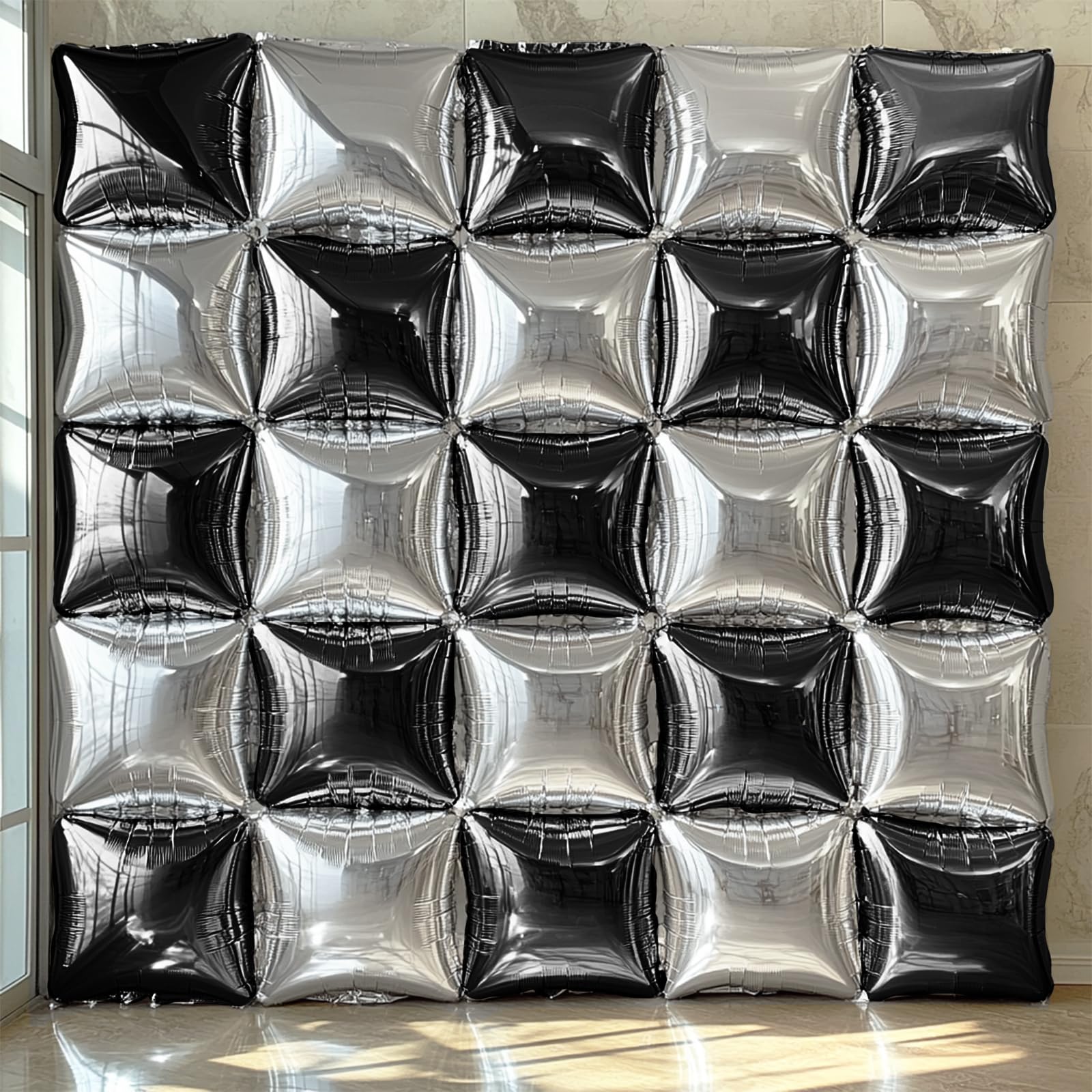 NISOCY 25 Pack Double Sided Black Silver Square Foil Balloons - Balloon Arch Kit for New Year, Birthday, Wedding, Graduation, Anniversary Party Decorations