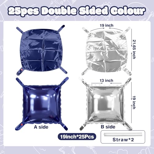 NISOCY 25-Pack Navy Blue & Silver Square Foil Balloons for Party Decorations