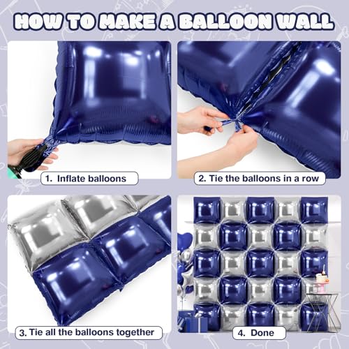 NISOCY 25-Pack Navy Blue & Silver Square Foil Balloons for Party Decorations